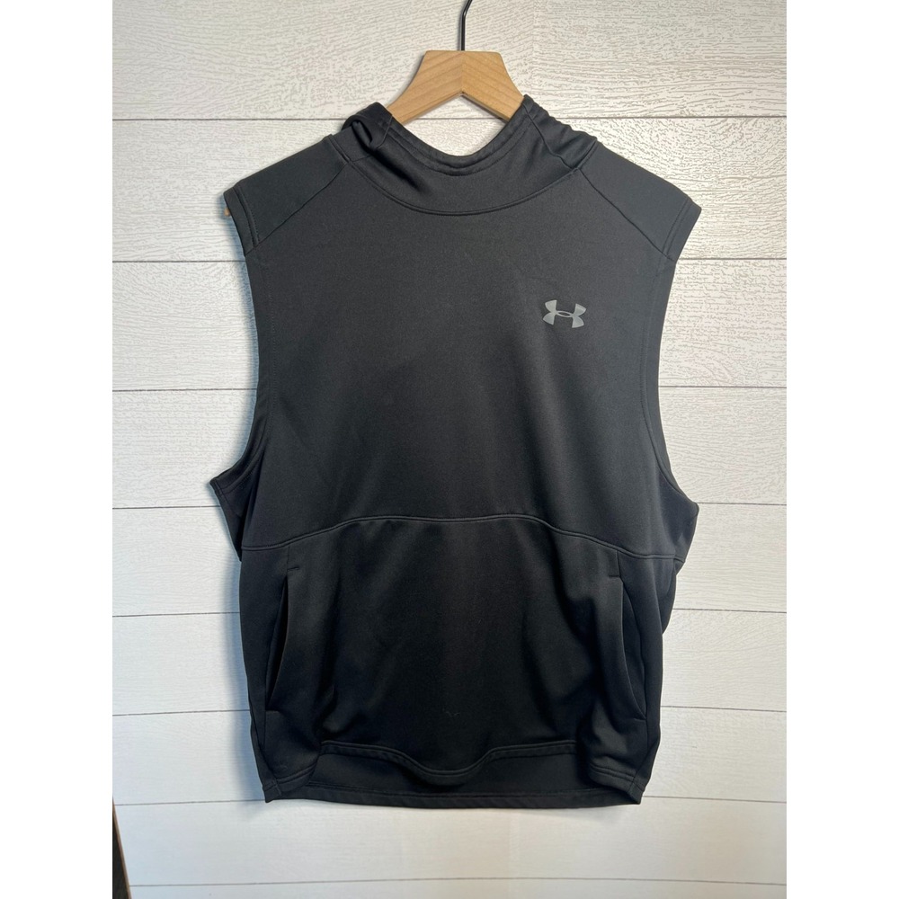 Under Armour Mens Large Black Sleeveless Hoodie Gym Workout Fleece Vest Pullover